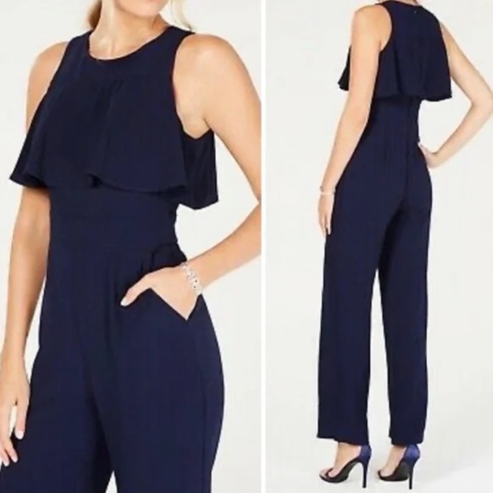 Vince Camuto Womens Navy Blue Sleeveless Ruffle Overlay Sleeveless Jumpsuit Sz 8